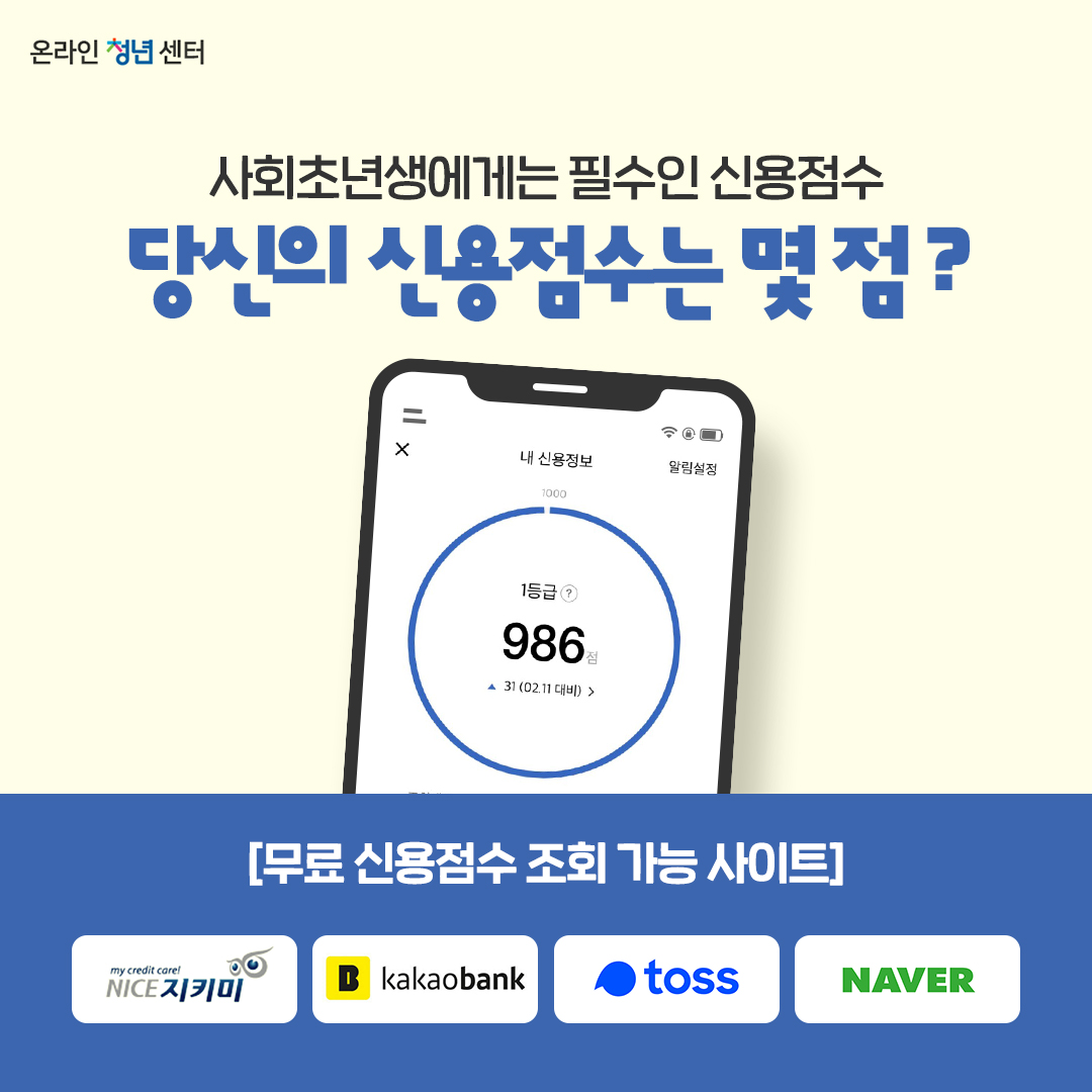 무료 신용점수 조회 가능 사이트 : 나이스지키미/카카오뱅크/토스/네이버