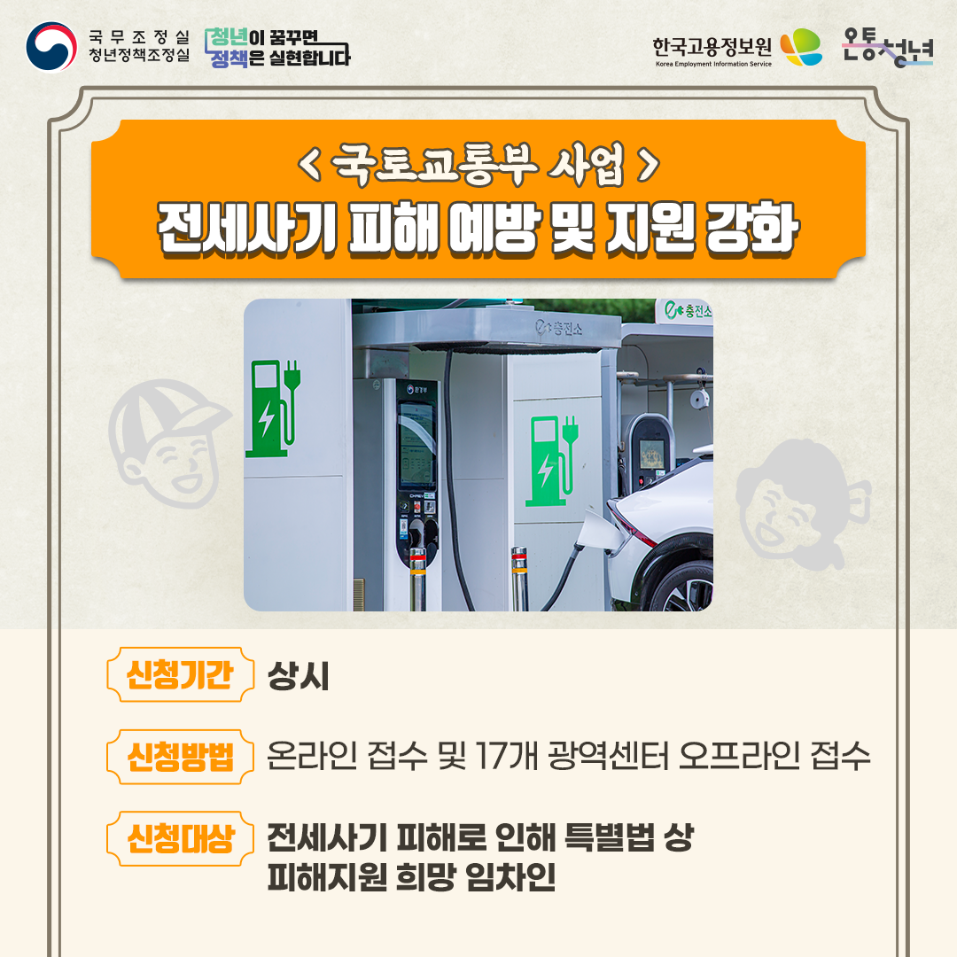 국무조정실청년정책조정실 청년이 꿈꾸면 정책은 실현합니다 한국고용정보원 Korea Employment Information Service 온통청년

국토교통부 사업
전세사기 피해 예방 및 지원 강화
신청기간 상시
신청방법 온라인 접수 및 17개 광역센터 오프라인 접수
신청대상 전세사기 피해로 인해 특별법 상 피해지원 희망 임차인